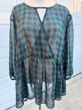 Torrid Green Black Buffalo Plaid Sheer Babydoll Peplum Blouse Top 3X 22 24